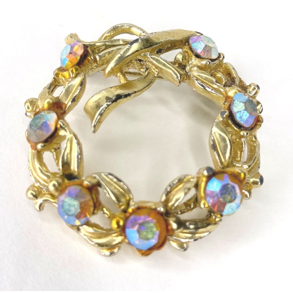 1960 Gold Tone Aurora Vintage Brooch Rhinestones, Circle - Picture 9 of 10